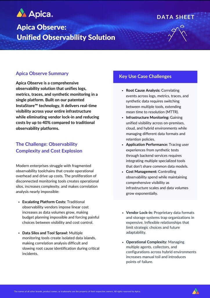 Product briefs, technical briefs, data sheets of Apica & its capabilities 20 Apica Observe Unified Observability Solution (Data Sheet)